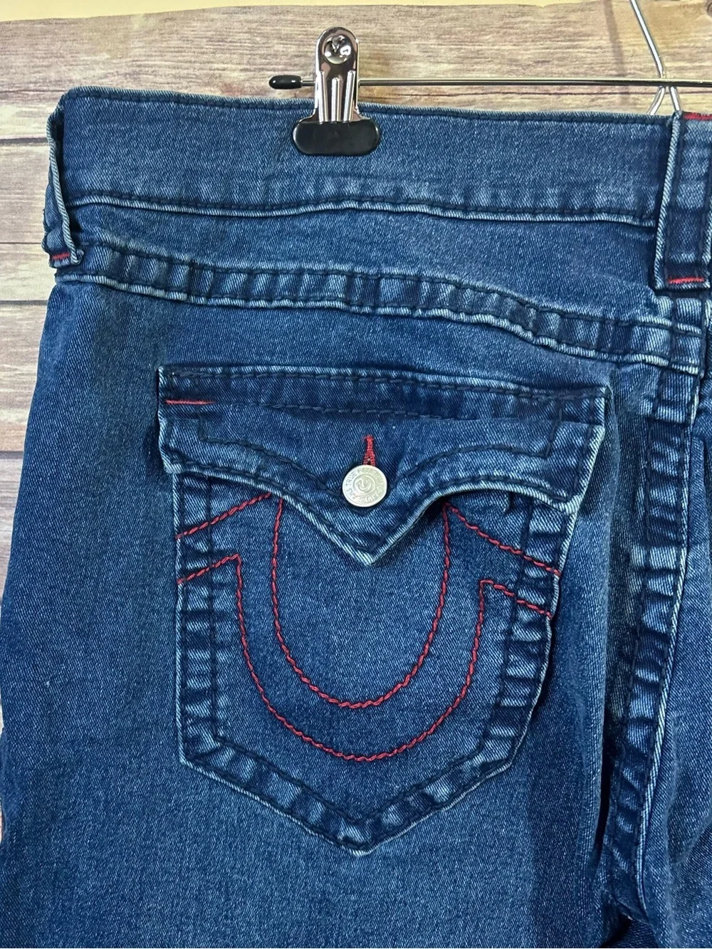 True Religion Men's Blue Jeans with Red Stitching Size 40 x 30